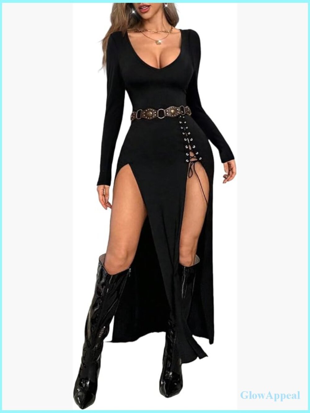 Vintage Black Goth Long Sleeve Dress High Slit V Neck Eyelet Rope Sexy Cocktail